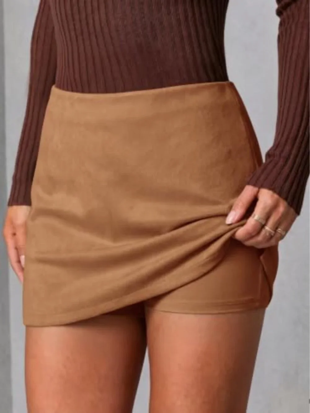 Faux Suede Mini Skirt with Side Slit, Bodycon Skort with Built-in Shorts